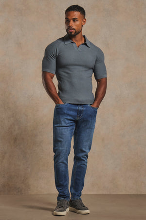 Textured Knitted Open Collar Polo Shirt in Dark Graphite
