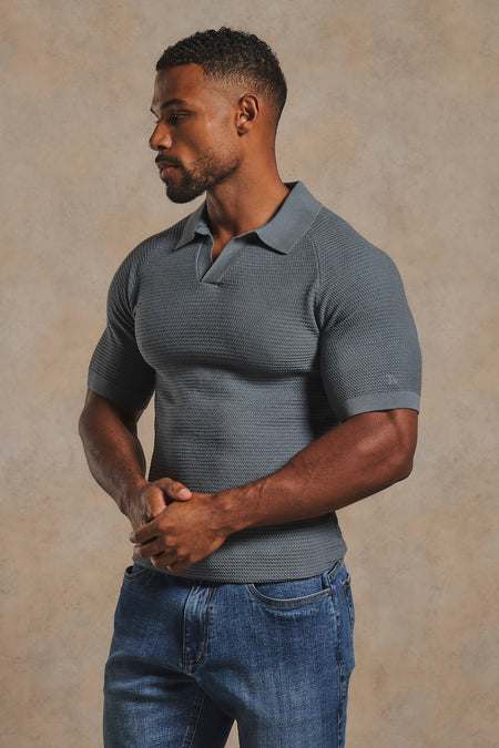 Textured Knitted Open Collar Polo Shirt in Dark Graphite