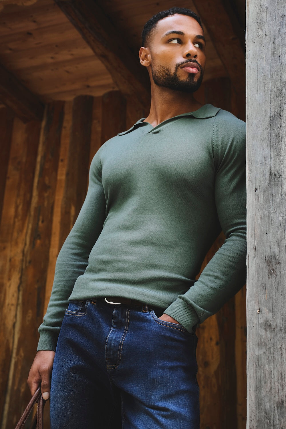 Pure Cotton Knitted Open Collar Polo Shirt in Moss Green