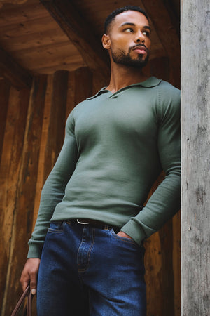 Pure Cotton Knitted Open Collar Polo Shirt in Moss Green