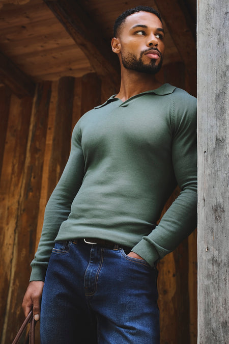 Pure Cotton Knitted Open Collar Polo Shirt in Moss Green