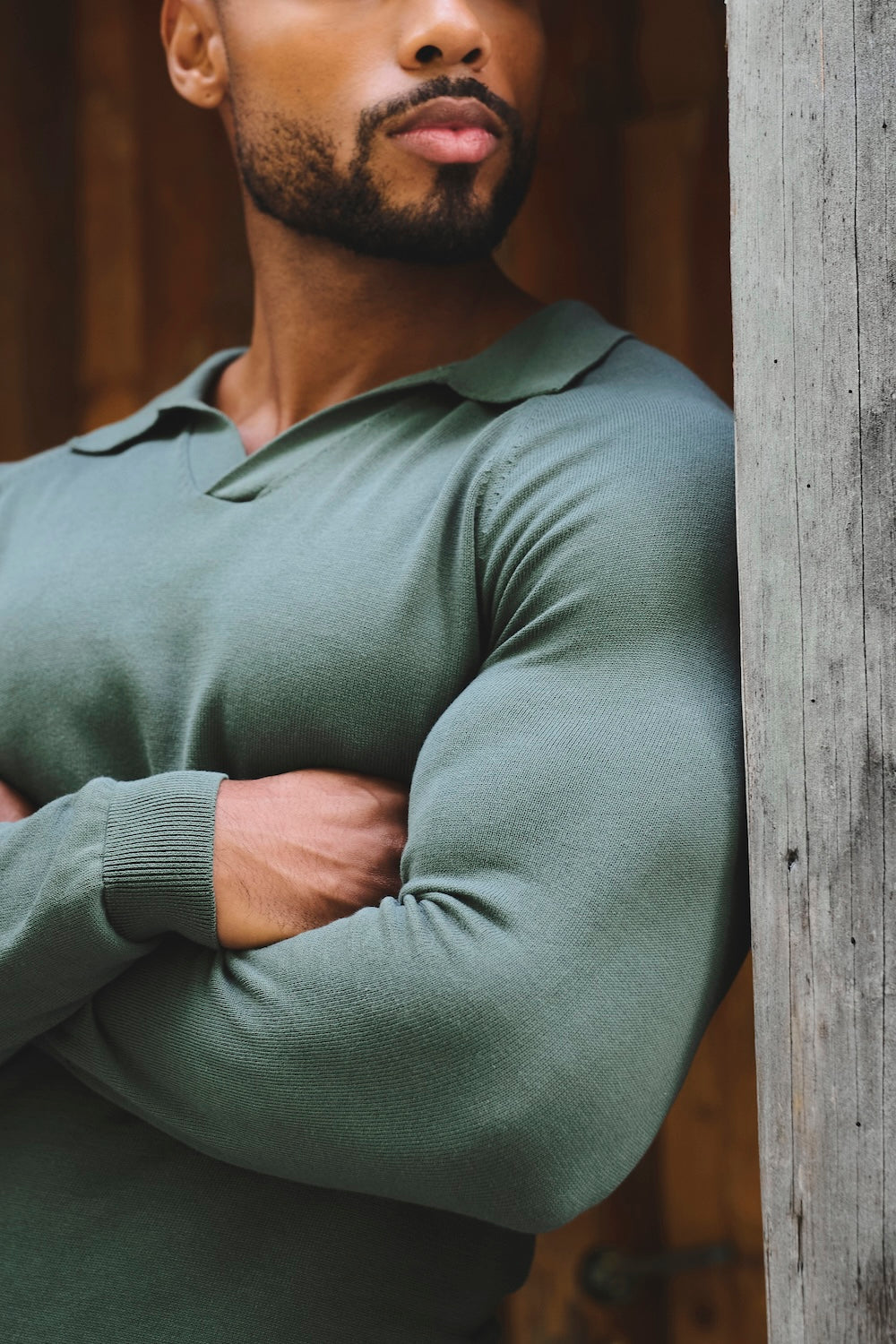 Pure Cotton Knitted Open Collar Polo Shirt in Moss Green