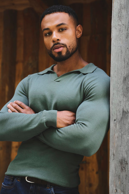 Pure Cotton Knitted Open Collar Polo Shirt in Moss Green