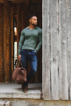 Pure Cotton Knitted Open Collar Polo Shirt in Moss Green