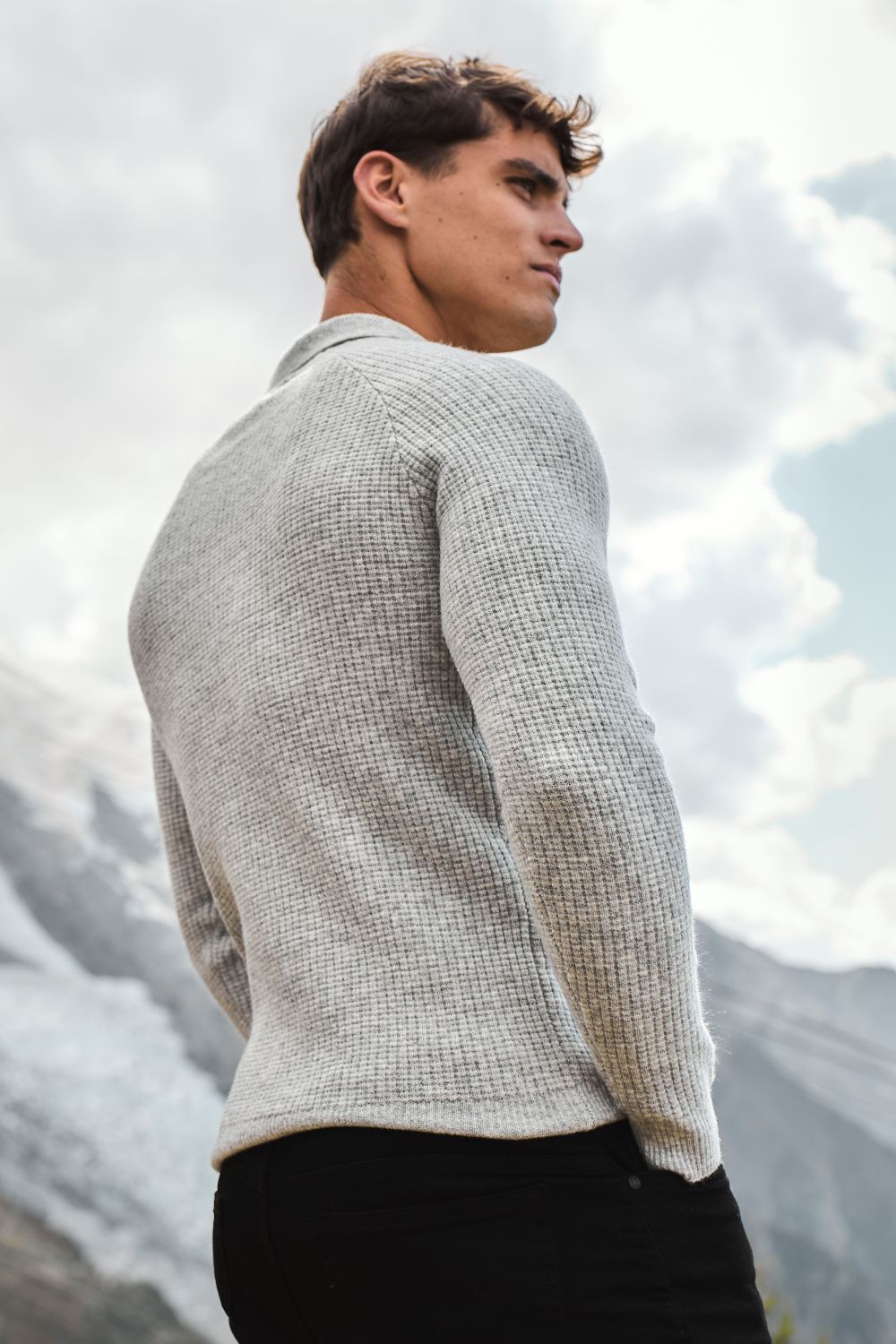 Fisherman Ribbed Open Collar Polo Shirt in Light Grey Marl