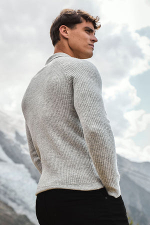 Fisherman Ribbed Open Collar Polo Shirt in Light Grey Marl
