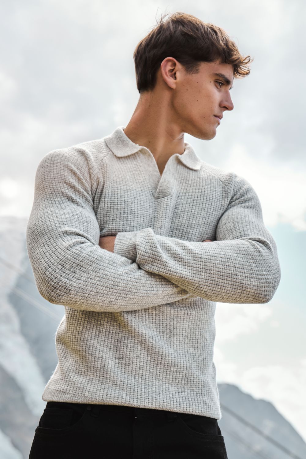Fisherman Ribbed Open Collar Polo Shirt in Light Grey Marl