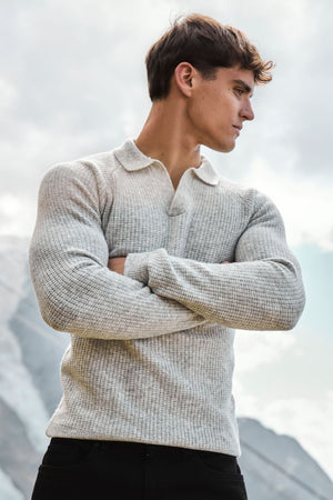 Fisherman Ribbed Open Collar Polo Shirt in Light Grey Marl