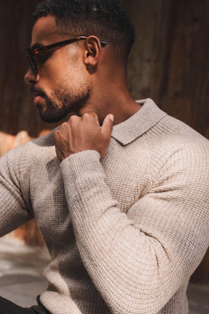 Fisherman Ribbed Open Collar Polo Shirt in Neutral Marl