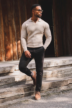 Fisherman Ribbed Open Collar Polo Shirt in Neutral Marl