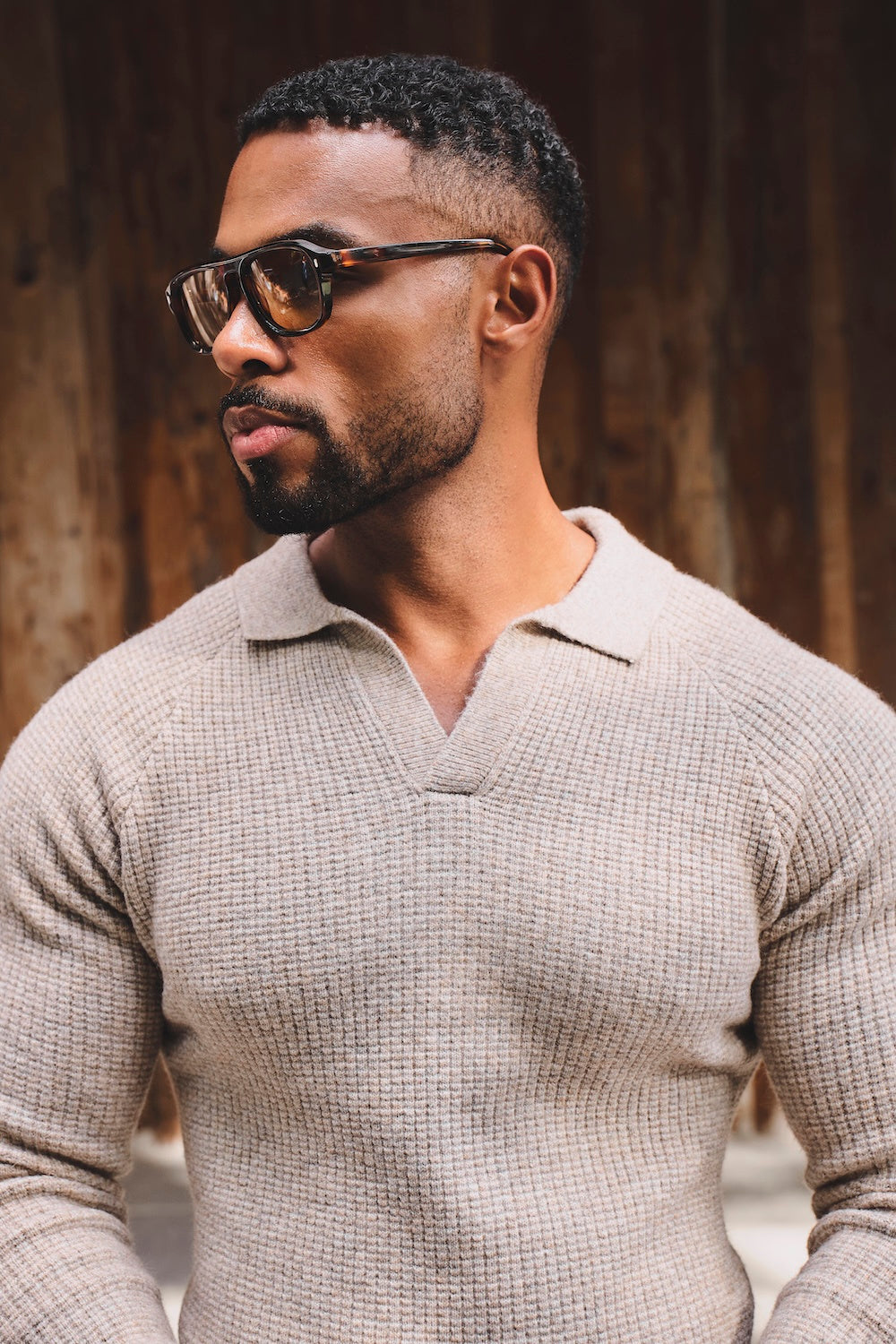 Fisherman Ribbed Open Collar Polo Shirt in Neutral Marl