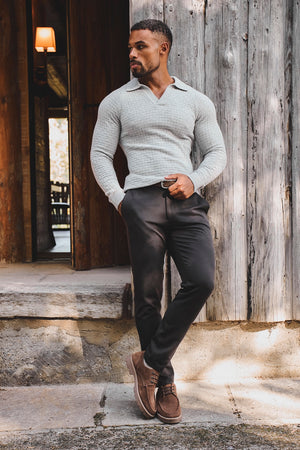 Merino Wool Textured Open Collar Polo Shirt in Soft Grey