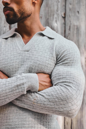Merino Wool Textured Open Collar Polo Shirt in Soft Grey