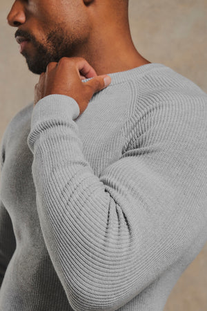 Pure Cotton Knitted Textured Crew Neck Sweater in Soft Grey Marl