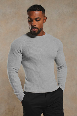 Pure Cotton Knitted Textured Crew Neck Sweater in Soft Grey Marl