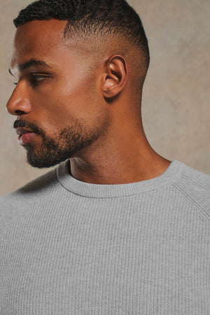 Pure Cotton Knitted Textured Crew Neck Sweater in Soft Grey Marl
