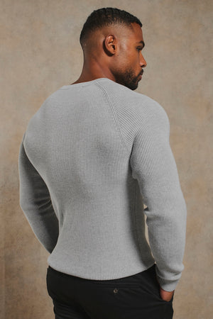 Pure Cotton Knitted Textured Crew Neck Sweater in Soft Grey Marl