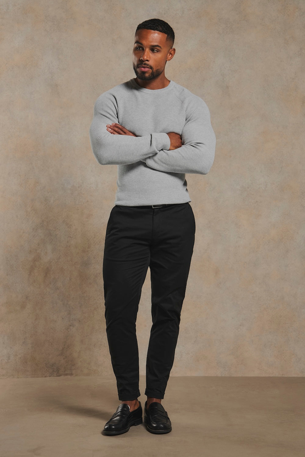 Pure Cotton Knitted Textured Crew Neck Sweater in Soft Grey Marl