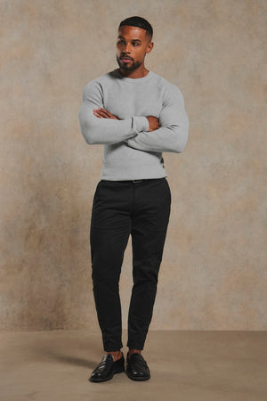 Pure Cotton Knitted Textured Crew Neck Sweater in Soft Grey Marl