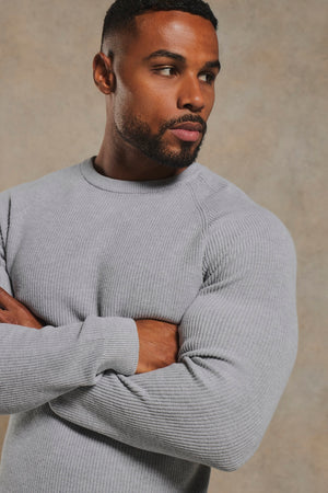 Pure Cotton Knitted Textured Crew Neck Sweater in Soft Grey Marl