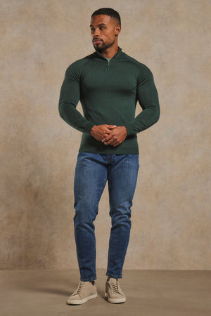 Extra Fine Merino Wool Half Zip Neck Sweater in Dark Green