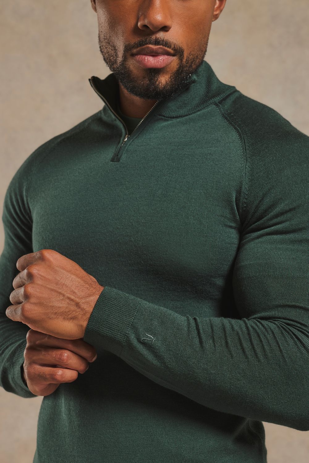 Extra Fine Merino Wool Half Zip Neck Sweater in Dark Green