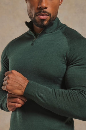 Extra Fine Merino Wool Half Zip Neck Sweater in Dark Green