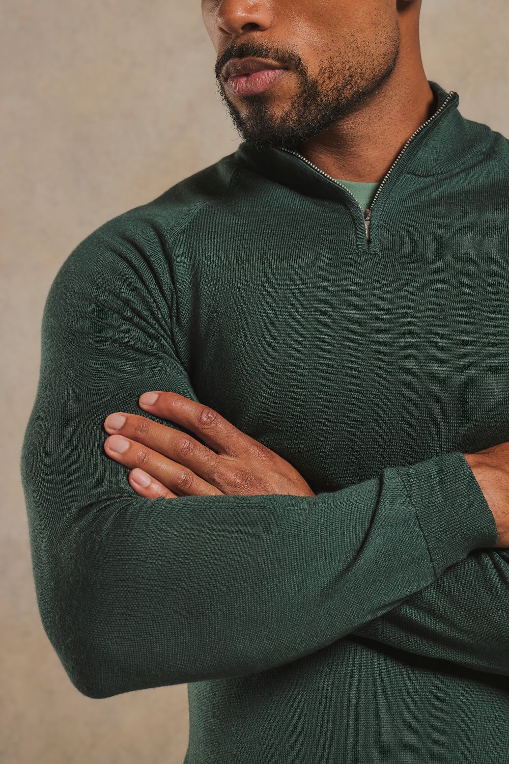 Extra Fine Merino Wool Half Zip Neck Sweater in Dark Green