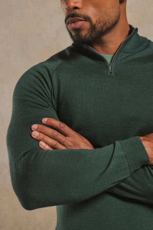 Extra Fine Merino Wool Half Zip Neck Sweater in Dark Green