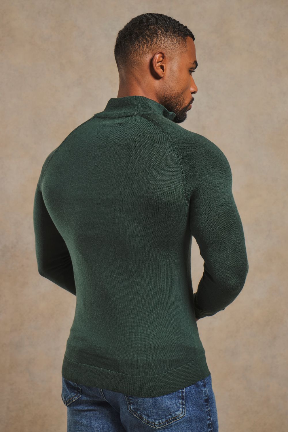 Extra Fine Merino Wool Half Zip Neck Sweater in Dark Green