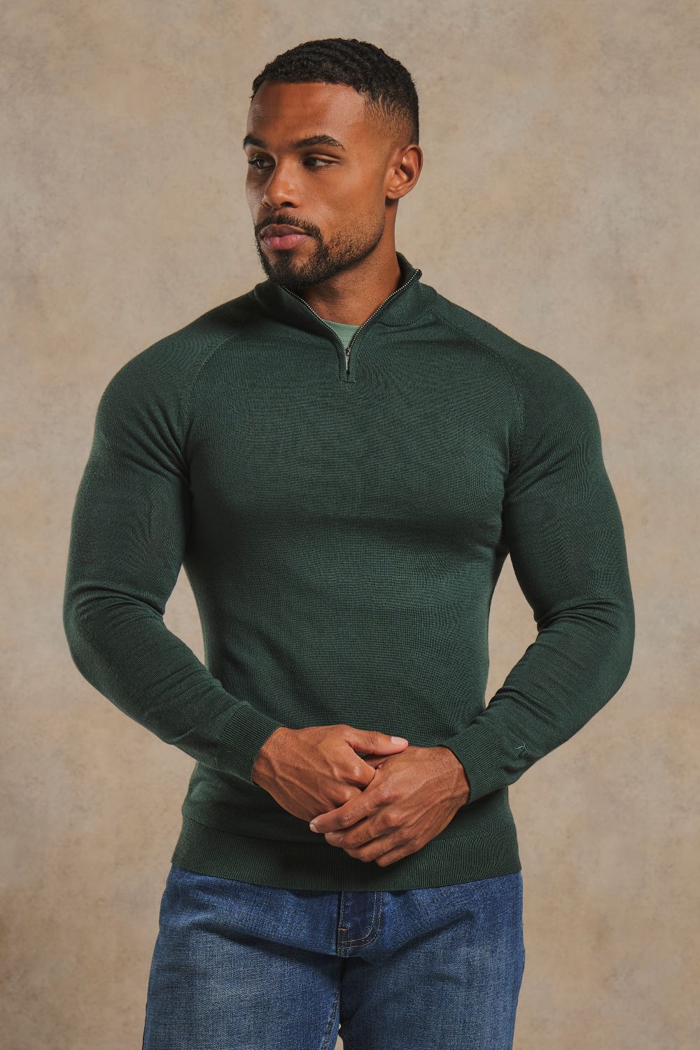 Extra Fine Merino Wool Half Zip Neck Sweater in Dark Green