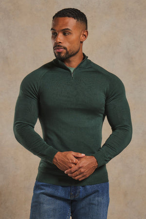 Extra Fine Merino Wool Half Zip Neck Sweater in Dark Green