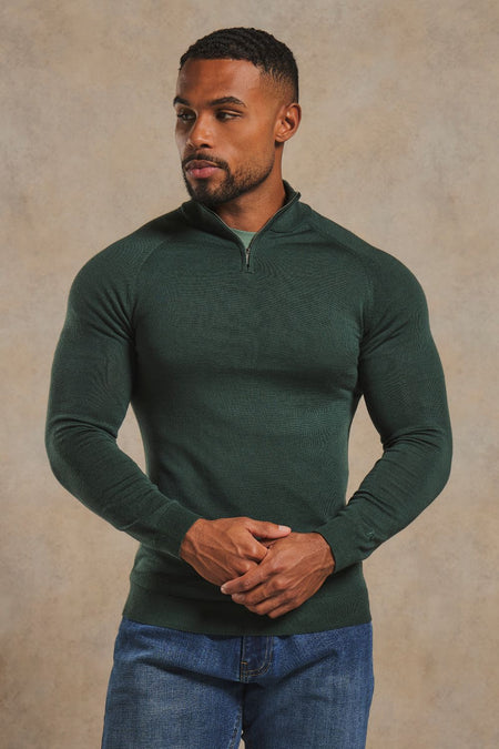 Extra Fine Merino Wool Half Zip Neck Sweater in Dark Green