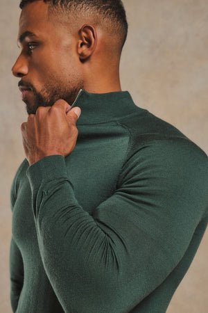 Extra Fine Merino Wool Half Zip Neck Sweater in Dark Green