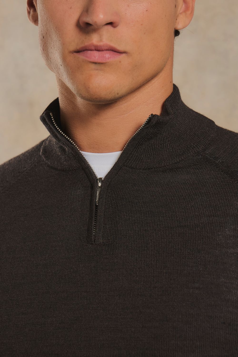 Extra Fine Merino Wool Half Zip Neck Sweater in Bitter Chocolate