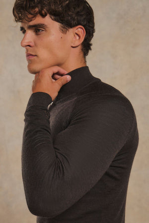 Extra Fine Merino Wool Half Zip Neck Sweater in Bitter Chocolate