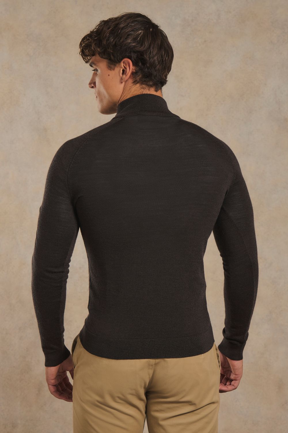 Extra Fine Merino Wool Half Zip Neck Sweater in Bitter Chocolate