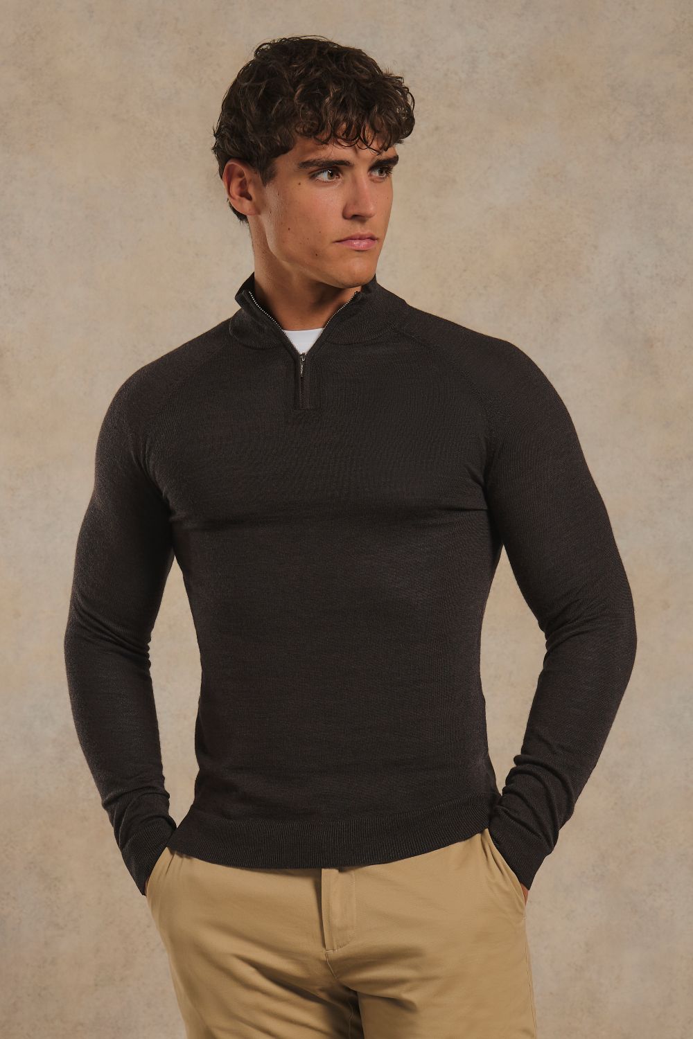 Extra Fine Merino Wool Half Zip Neck Sweater in Bitter Chocolate