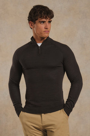 Extra Fine Merino Wool Half Zip Neck Sweater in Bitter Chocolate