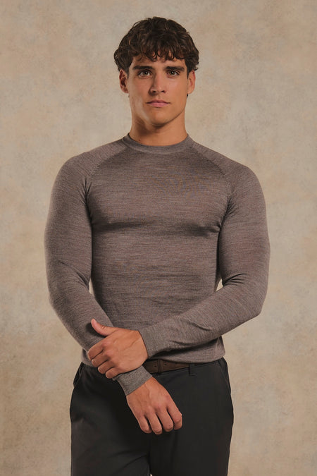 Extra Fine Merino Wool Crew Neck Sweater in Mocha Marl
