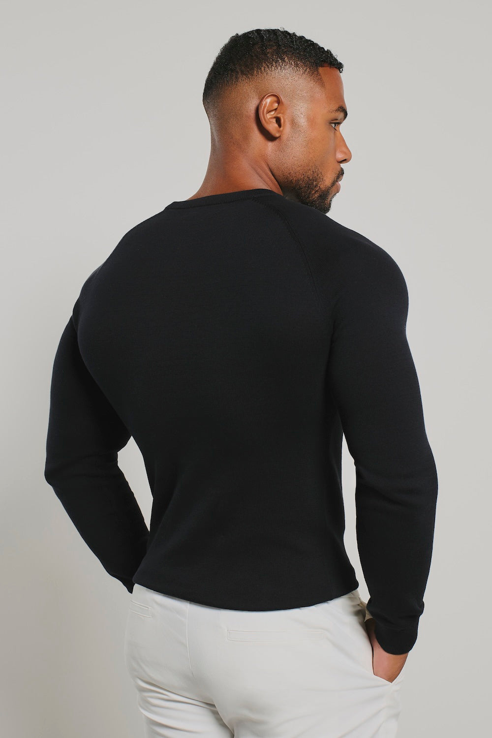 Pure Cotton Knitted Crew Neck Sweater in Black