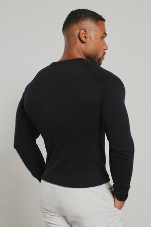 Pure Cotton Knitted Crew Neck Sweater in Black