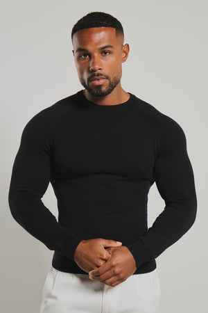 Pure Cotton Knitted Crew Neck Sweater in Black