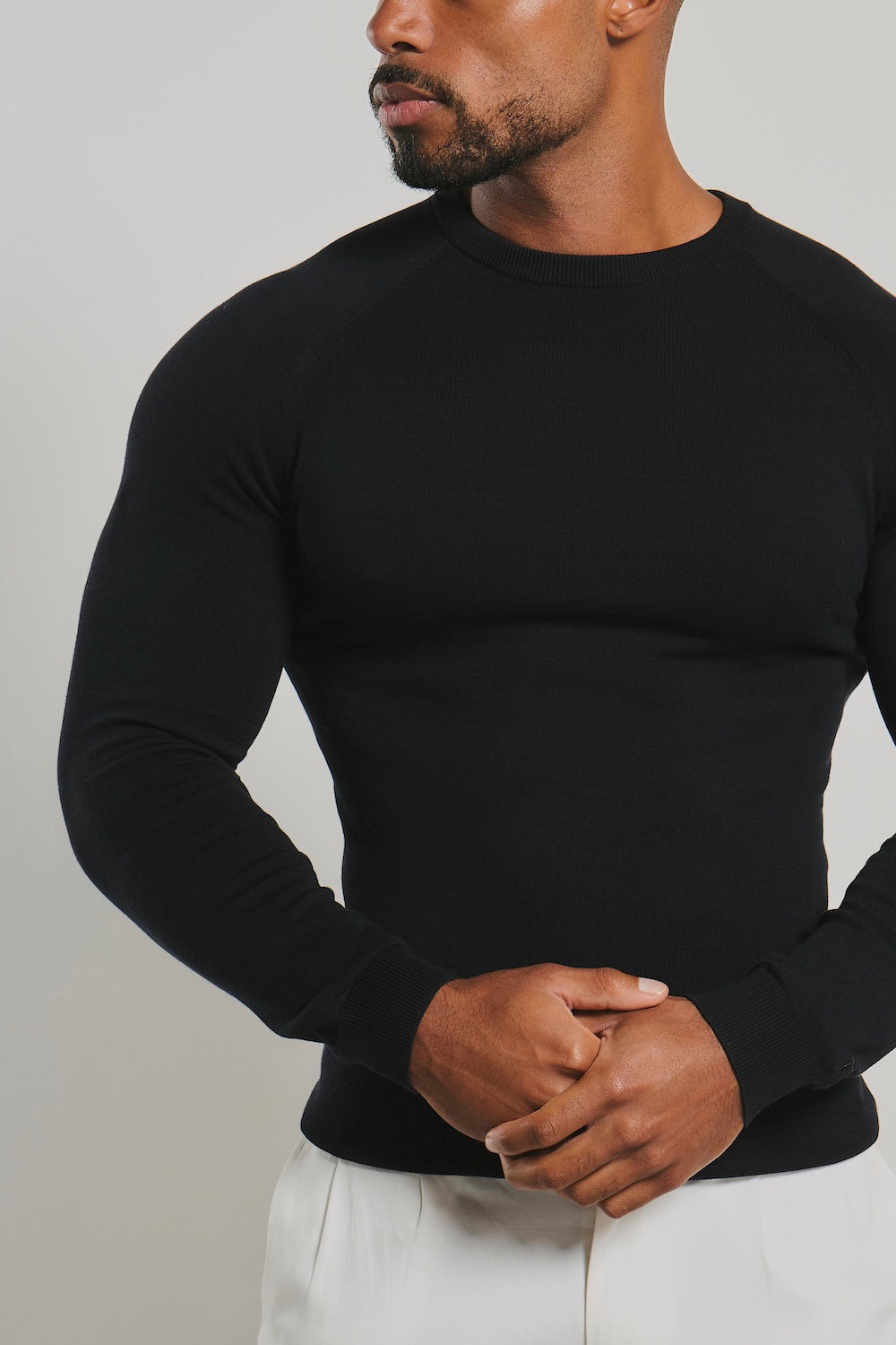 Pure Cotton Knitted Crew Neck Sweater in Black