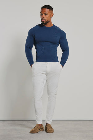 Pure Cotton Knitted Crew Neck Sweater in Airforce