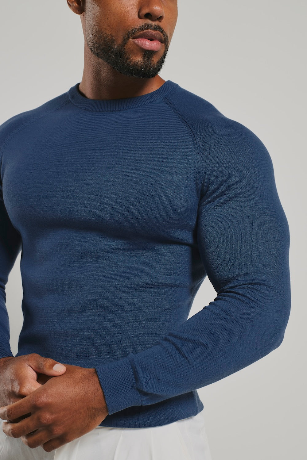 Pure Cotton Knitted Crew Neck Sweater in Airforce