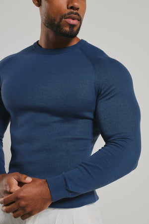 Pure Cotton Knitted Crew Neck Sweater in Airforce