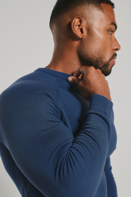 Pure Cotton Knitted Crew Neck Sweater in Airforce