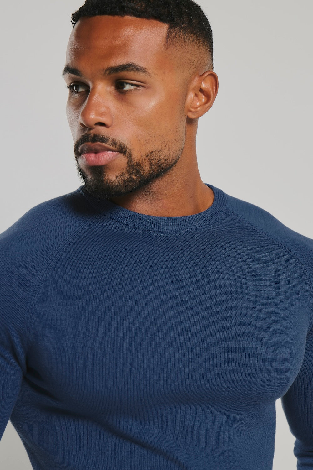 Pure Cotton Knitted Crew Neck Sweater in Airforce