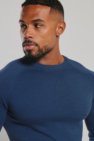 Pure Cotton Knitted Crew Neck Sweater in Airforce